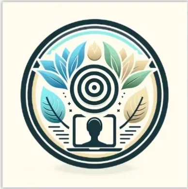 Logo pastel circulaire : écran en visio avec silhouette, feuilles colorées et cible au centre